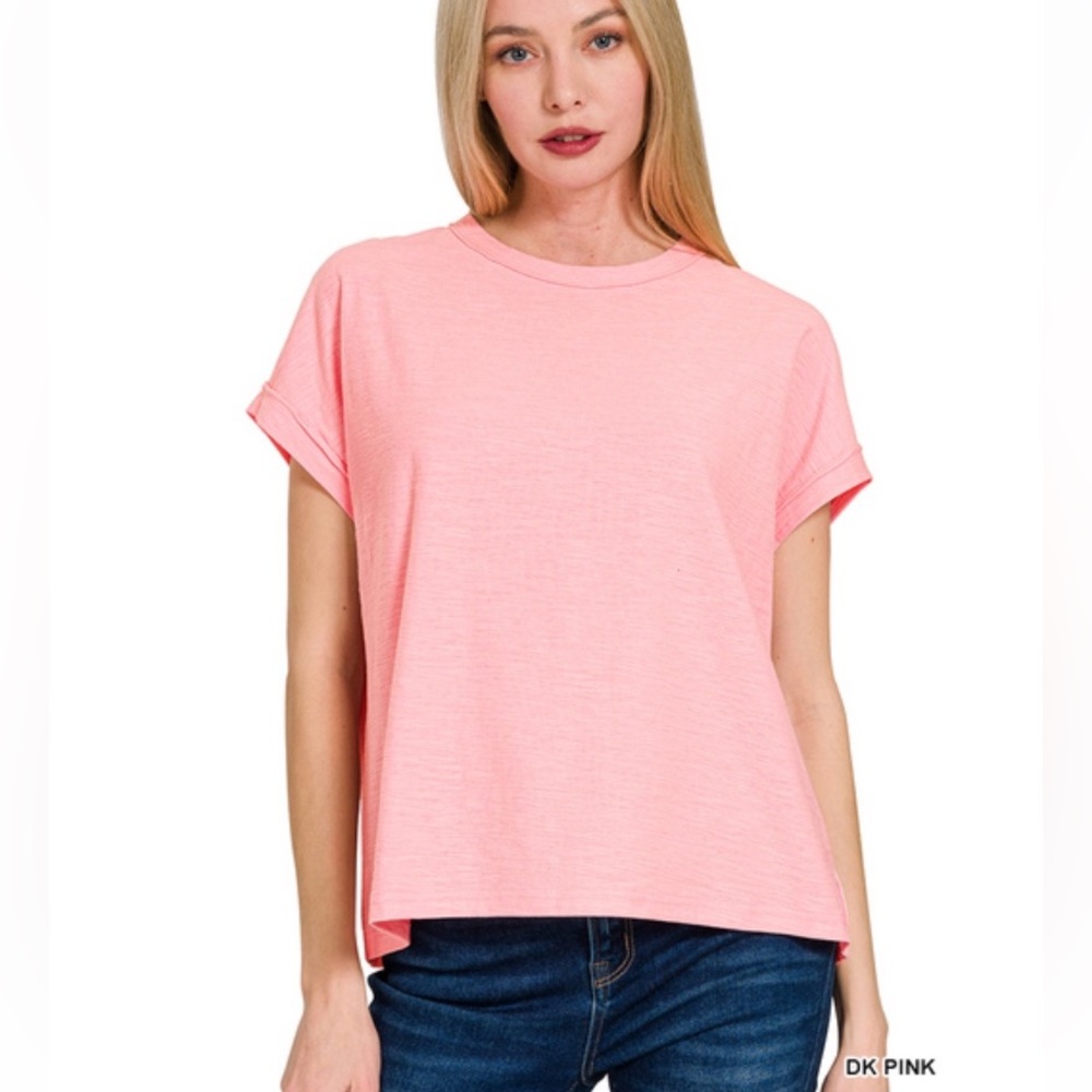 Zenana Outfitters Dark Pink Rolled Sleeve Boxy Tee